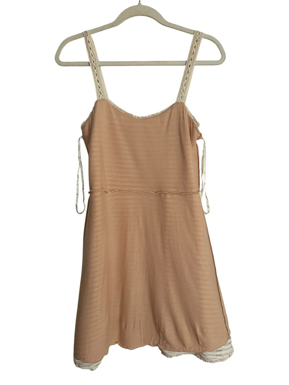 FREE PEOPLE Sheer Striped Crochet Trim Babydoll Dress Size M Beige Cream Mini